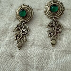 STERLING Silver and Green Spiral Drop Earrings